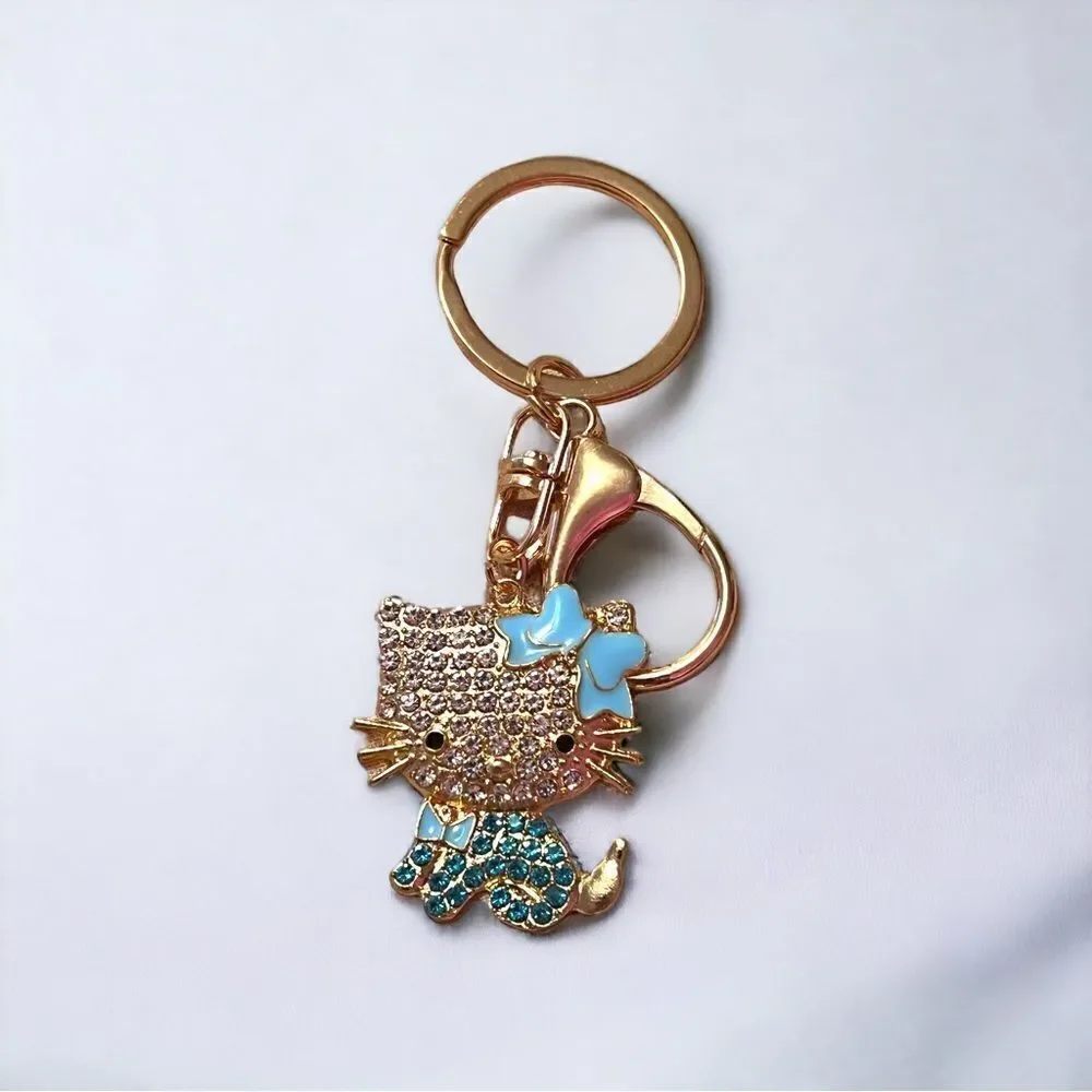 Hello Kitty Blue Gold Rhinestone Keychain NWT